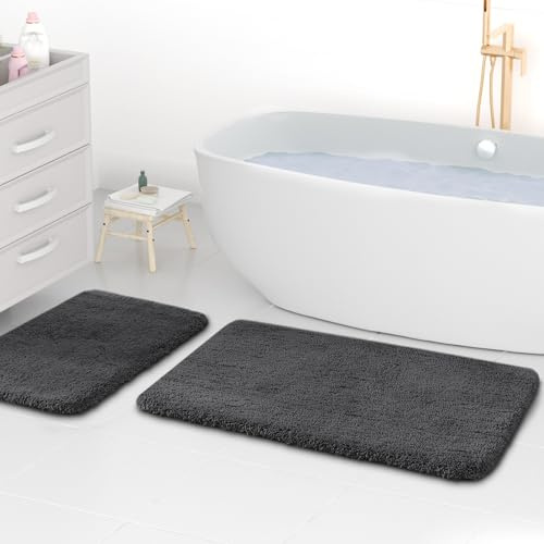 wyewye Badezimmerteppich aus superdickem Mikrofaser-Stoff, 2 cm, super saugfähig, 50 x 80 cm und 40 x 60 cm, dunkelgrau