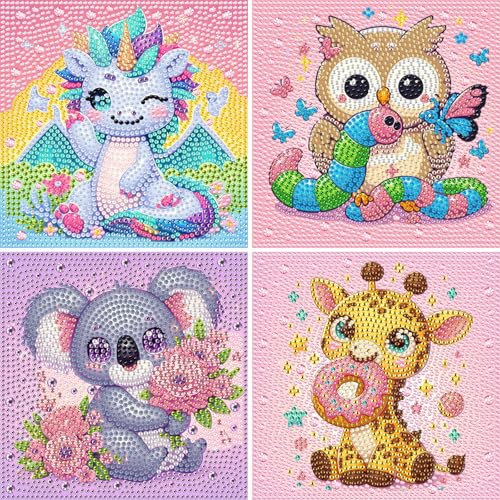 DOMROM 4er Set Diamond Painting Kinder, Niedliche Tiere 5D Full Diamant Painting Bilder Drache Koala Giraffe Eule Bastelset Edelsteinkunst Mädchen Junge Geschenke 6 7 8 9 10 11 12 Jahre, 15x15cm