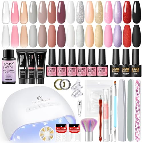 PEACECOLOR Gel Nail Starter Kit with Lamp Nude Glitter Gel Polish Set 12 Colours and 3pcs Poly Nail Extension Slip Solution Top and Base Coat Manicure Kits Full Set for Beginners