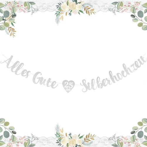 AIBAOBAO Silberhochzeit Girlande Deko, 3m Alles Gute zur Silberhochzeit Girlande, Girlande 25 Silberhochzeit Personalisiert, Hochzeitstag Girlande Dekoration für 25. Jubiläum, 25. Hochzeitstag usw.