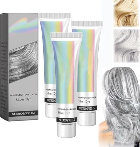 Genérico Crema Tinte Natural 2 en 1 Extracto de Esencia Plateado, Tinte de Cabello Plateado Permanente, Nutritivo y Cubrimiento de Canas, Para Diario & Cosplayer & Fiesta (3pcs)