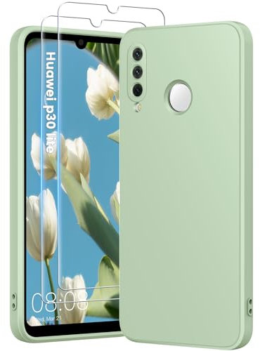 HuwaiH 3 in 1 Hülle für Huawei P30 lite, mit 2 Stück 9H 0.33mm Panzerglas, Upgraded Kameraschutz, Kratzfeste Stoßfeste Handyhülle für Huawei P30 lite(hellgrün)