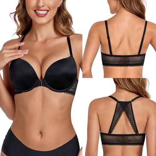 Lemorosy Women's Front Closure Bra Plunge V Push Up Padded Lace Racerback Underwire(Black,34A)