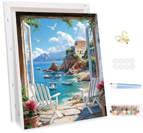 MEIYUDA Peinture par Numero Adulte avec Cadre Vue Mer, DIY Kit Peinture, Pinceaux Peinture de Dessin de Pigment Acrylique, Peinture par Numero Loisirs Créatifs Adultes Decoration Maison Cadeau 30x40cm