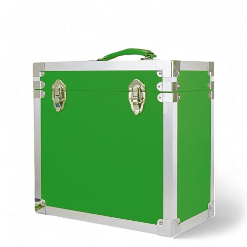 Steepletone 12 Vinyl Record Storage Box Case, with Carry Handle, Faux Leather Finish with Metal Edge, Holds up to 45 LP's (Green)