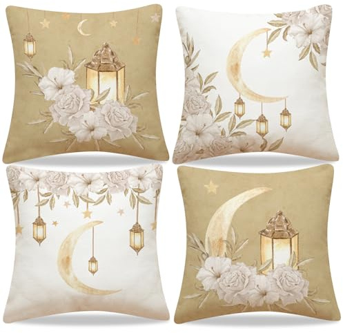 Ramadan Deko Kissenbezug für Home Decor, Ramazan Zierkissenbezug 4er Set, 45 x 45cm Mond Kissenbezüge für Ramadan Dekoration, Kissenhülle Dekokissenbezuge für Wohnzimmer Sofa Heimdekoration (A)