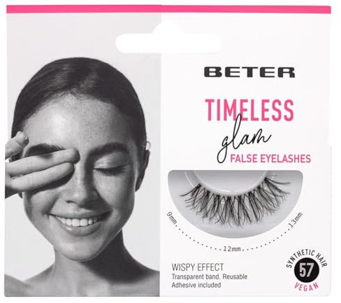 Beter – Pestañas postizas nº 57 Timeless Glam, extensiones de pestañas, incluye pegamento, veganas y reutilizables, pelo sintético con banda transparente para acado natural, maquillaje de ojos