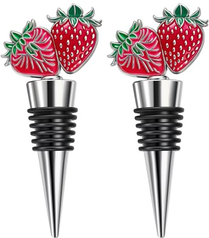 RICHCEE 2 Pack Strawberry Wine Stoppers for Wine Bottles, Zinc Alloy Silicone Wine and Beverage Cute Bottle Stopper,Silicone Reusable Wine Corks and Tinplate Box For Gifts (Strawberry)