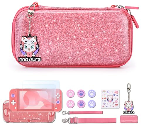 innoAura Switch Lite-Hülle, 15-in-1 Zubehör-Set mit Tragetasche, Bildschirmschutz, Spielhülle & Katzen-Daumenkappen (Glitzer Rosa)