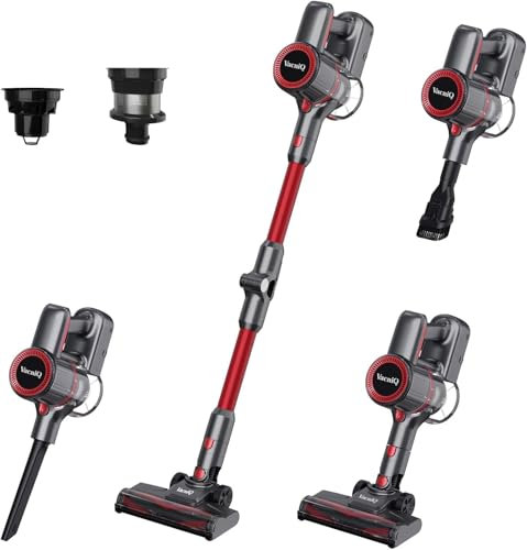 VacniQ Cordless Vacuum Cleaner, Stick Vacuum, Long Runtime, Powerful Suction for Home Pet Carpet Floor, Anti Hair Wrap, Rechargeable Battery (red)