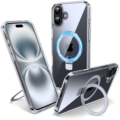 Flyzoo Magnetic Kickstand Case for iPhone 16, [Compatible with MagSafe & Invisible Ring Stand Holder] [Non-Yellowing & Shockproof] Clear Transparent Hard Silicone Edge Cover, 6.1'', Clear