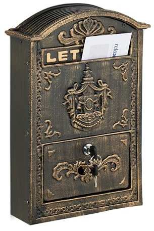 Relaxdays Boite aux Lettres, Design rétro, 2 clés, Jolis détails, H x L x P : 42 x 28 x 10 cm, Bronze et doré