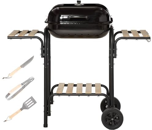 Outsunny Barbacoa de Carbón con Estantes y Ruedas, Barbacoa de Leña con Tapa y Toma de Aire, Barbacoa con Espátula, Pinzas, Cuchillo y Parrilla, Negro