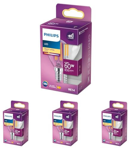 Philips LED Lampadina a Filamento Sfera, Equivalente a 60W, E14, Luce Bianca Calda (Confezione da 4)