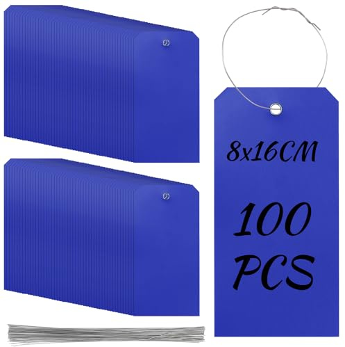 Rustark 100 Stück Blau Kunststoff Versandanhänger 8x16CM Etikettieranhänger Wasserdichte Versandanhänger mit Ösen Hängeetiketten mit Draht Geschenkanhänger für Gepäck Garage Inventar Auto