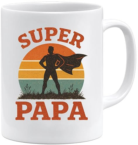 JungleMug – Cadeau fête des pères papa | Mug Super Papa rétro silhouette cape héros | Idée cadeau papa anniversaire original | Tasse homme humour matin, Blanc