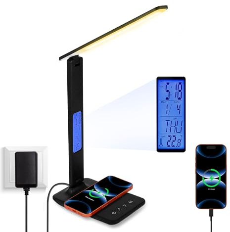 KAYSENSUK Schreibtischlampe LED Dimmbar, Tischlampe mit Kabelloses 10W Laden, USB Ladeanschluss, Uhr Wecker Thermometer, Augenschutz Blendfreies Licht für Büro Schlafzimmer Homeoffice