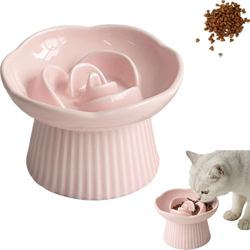 Gamelle anti-glouton surélevée en céramique pour chat et petits chiens (rose)
