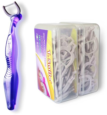 T.Smile NoFuss - Kit filo interdentale per anziani, manico lungo 12,7 cm e testine di ricarica, filo interdentale morbido flessibile delicato sulle gengive sensibili, senza fluoro, (manico viola + 100