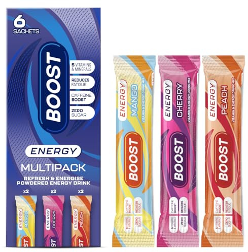 Boost Energy and Hydration Powder - 6X Pack Sugar Free Sachets - 3X Delicious Flavours - Sugar Free Caffeine Energy Drink Powder with Vitamins, Mineral & Zinc for Energised Hydration