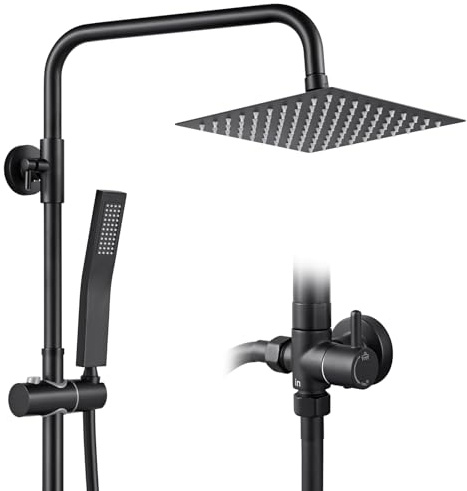 Auralum Edelstahl Regendusche ohne Armatur,Duschsystem Schwarz mit Regendusche 20x20CM,Edelstahl Duschkopf,Höhenverstellbar Duschstange,Messing-Wasserteiler,Duschset Eckig für Badezimmer
