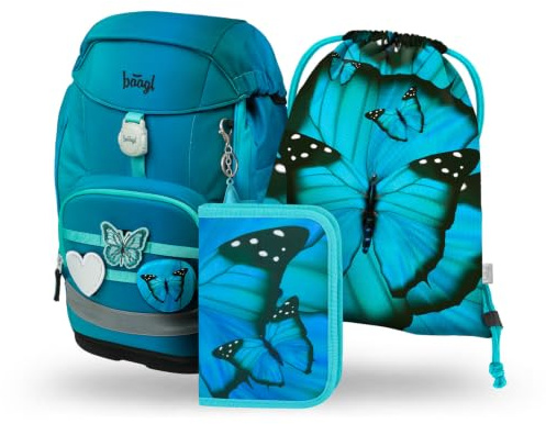 Baagl Airy Plus Schulranzen-Set 3-teilig, 25 l, ab 130 cm (Butterfly) | Isoliertes Snackfach; Magnetverschluss; Brust- und abnehmbarer Hüftgurt