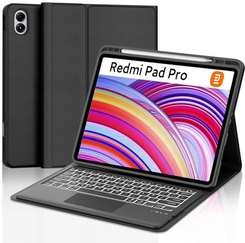 Clavier pour Redmi Pad Pro 12.1/Xiaomi Poco Pad 2024 avec Pavé Tactile | Étui Clavier pour Xiaomi Redmi Pad Pro 2024 Rétroéclairé Magnétique Amovible Français AZERTY Layout, Noir