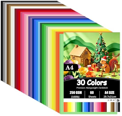 60 Blatt Tonkarton A4 Bunt, 30 Farben - 250 g/m² Tonpapier | Bastelkarton für Malen Kartenherstellung Einladungen Scrapbook Basteln, 21 x 29.7cm