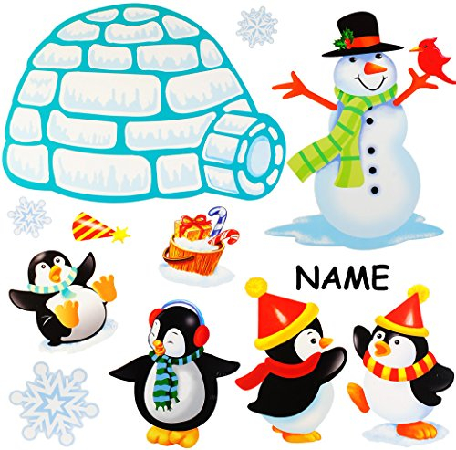 alles-meine.de GmbH große Wandsticker - Schneemann - Pinguine/Iglu & Schneeflocken - incl. Name - selbstklebend + wiederverwendbar + wasserfest - Aufkleber für Kinderzimm..