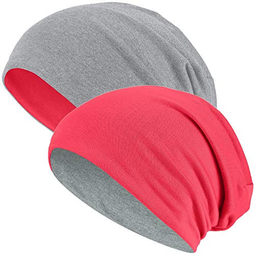 Hatstar®2in1 Reversible Unisex Beanie | Damen und Herren Mütze | Übergangsmütze für Frühling und Sommer | SoftTouch Poly - Baumwolle | leicht & weich (2 in 1 hellgrau/rot)