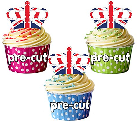 AK Giftshop PRE-CUT Union Jack Crowns Royal Edible Cupcake Toppers/Cake Decorations King Queen (pack of 12)