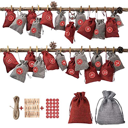 YOSICIL Adventskalender-Set Süßigkeiten Kleinigkeiten Für Adventskalender 2020 Selber Basteln Füllung für Männer Frauen Jungen Mädchen Stoffbeutel 12 Rot + 12 Grau