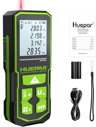 Huepar Misuratore di Distanza Laser 393Ft(120M), Batteria Ricaricabile, Visualizzazione a Doppio Angolo, M/In/Ft, Modalità di misurazione silenziose e multiple, Pitagorico, Distanza, Area -S120 +