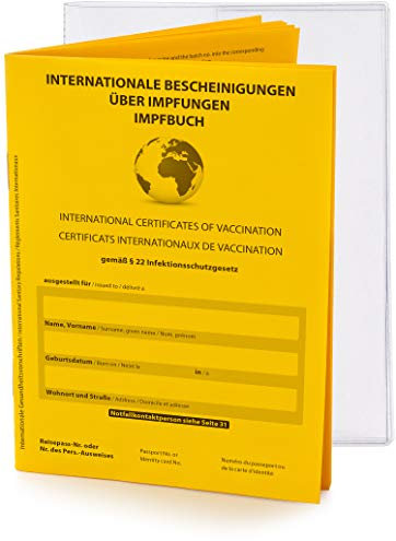 Premium Set - Internationaler Impfpass Impfausweis, 2021, 32 Seiten nach offiziellen Vorgaben auf stabilem Papier + Schutzhülle, Impfbuch Bescheinigung über Impfungen mit eingebundenem Notfallausweis