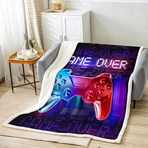Loussiesd Gamer Fleece Throw Blanket for Teens Boys Gaming - Video Game Sherpa Plush Blanket - Soft, Lightweight, Fuzzy - Red, Blue Gradient, Black, Teal - Single - 50x60