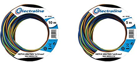 Electraline 25139 Cavo Unipolare N07V-K, Sezione 1x1.5 mm, 10 mt, Marrone/Blu/Verde/Giallo & 25148 N07V-K Cavo Unipolare Unipolare, Sezione 1x2.5 mm, 5 mt, Marrone/Blu/Verde/Giallo