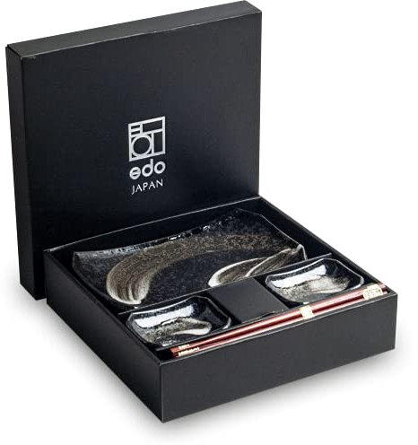 SERVICE À SUSHI | Sushi Set 6-pièces pour 2 Personnes | Japonais Authentique | Comprenant 2 assiettes rectangulaires, 2 coupelles et 2 paires de baguettes en bois | Dans un Coffret Cadeau (Ansen)