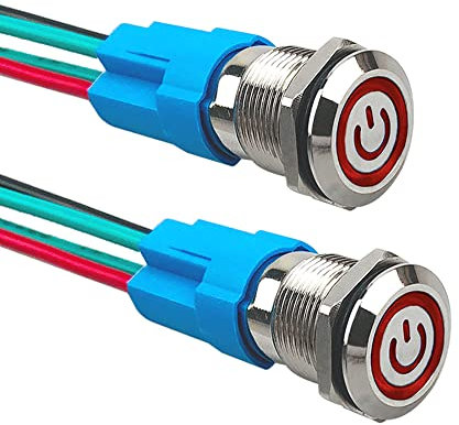 Aiqeer 2 Pezzi 12 mm Interruttore a Pulsante Autobloccante, 12V / 24V 3A Interruttore di Accensione per Auto, Interruttore a Pulsante in Metallo con Presa Precablata (LED Rosso)