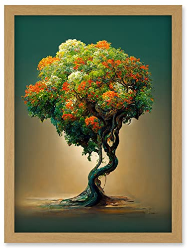 Doppelganger33 LTD Ethereal Bonsai Lone Tree Green Orange Artwork Framed Wall Art Print A4