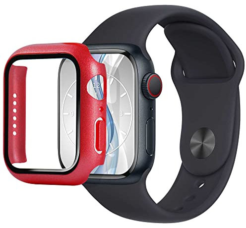 mtb more energy Custodia compatibile con Apple Watch 9, 8, 7 (41 mm) – rosso metallizzato – pellicola protettiva integrata in vetro temperato – protezione completa Bumper Caso Custodia protettiva in