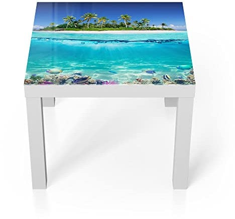 DEQORI Glastisch | weiß klein 55x55 cm | Motiv Insel im tropischen Meer | ausgefallener Beistelltisch aus Glas | Hochglanz Couchtisch fürs Wohnzimmer | moderner Couch Tisch mit Design