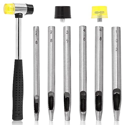 Rustark 9Pcs 6 Size Oval Hole Punch Set for Leather 2mm-4mm with Double Face Plastic & Rubber Hammer, Leather Belt Hole Cutter Tool Kit