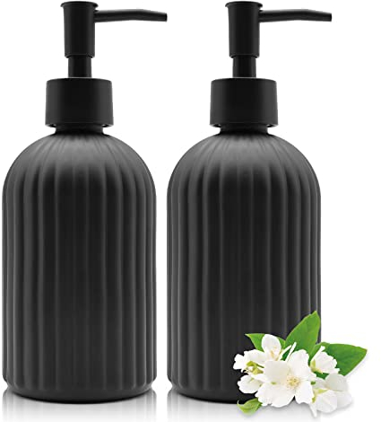 GCCL 2 Stück Glas-Seifenspenderflasche mit Pumpe, 400 ml, nachfüllbar, Flüssig-Handglasspender für Badezimmer, Arbeitsplatte, Küche, Waschküche (schwarz)