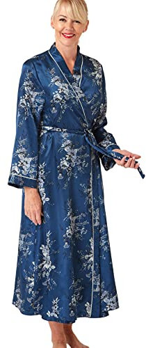 Marlon Womens Vara Piped Floral Printed Satin Long Robe, Ocean Blue, 14-16