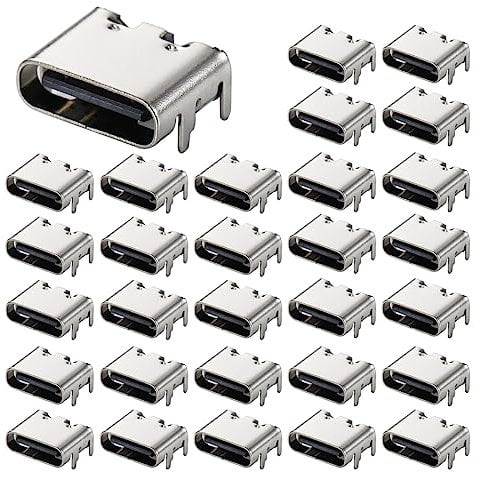 Greluma 30 Pièces Prise USB-3.1 USB C, connecteur Femelle 6 Broches Type-c pour la Conception de Circuits imprimés, Bricolage, Charge à Courant élevé - SMD, SMT