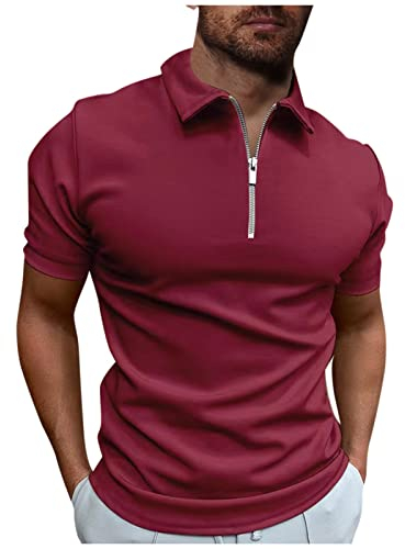 Feibeauty ManschettenknöPfe Herren Sportshirt Herren Weisse Hemden Polo Shirts Herren Kurzarm Männer Revers Hemd Mit ReißVerschluss Einfarbig Casual Kurzarmhemd 20er Jahre Herren (Wein, 3XL)