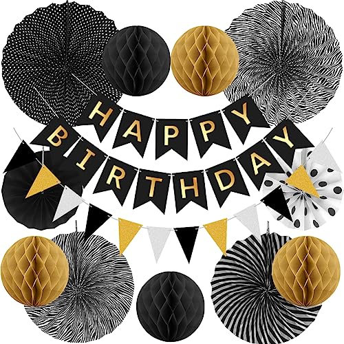 Black Gold Birthday Decorations Kit Reusable Mens Birthday Party Decorations Reusable Black & Gold Banner Bunting Honeycomb by Wonsta