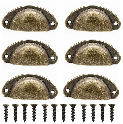 WUJENPEAHT 6 Pcs Antique Brass Cabinet Handles Vintage Kitchen Cupboard Handles Shell Cup Handles for Cupboard Cabinet Home Office Kitchen