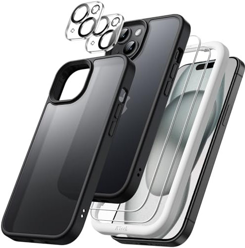 JETech 5 in 1 Matte Case for iPhone 15 Plus 6.7-Inch with 2-Pack Each Tempered Glass Screen Protector and Camera Lens Protector, Translucent Back Shockproof Phone Cover (Black)