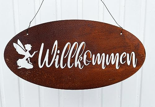 STEINFIGURENWELT GIEBEN Schild Willkommen mit Elfe zum Aufhängen 40x20cm Edelrost Gartendeko Rost Wandhänger Wanddeko Tafel Spruchtafel Metall Türdekoration Geschenk